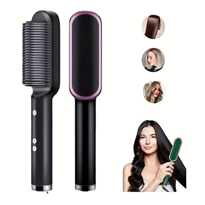 2-In-1 Electric Hair Straightener Brush Hot Comb Adjustment Heat Styling Curler Anti-Scald Comb, 2-In-1 Styling Tool for Long-Lasting Curls and Straight Hair