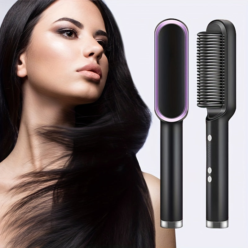 2-In-1 Electric Hair Straightener Brush Hot Comb Adjustment Heat Styling Curler Anti-Scald Comb, 2-In-1 Styling Tool for Long-Lasting Curls and Straight Hair