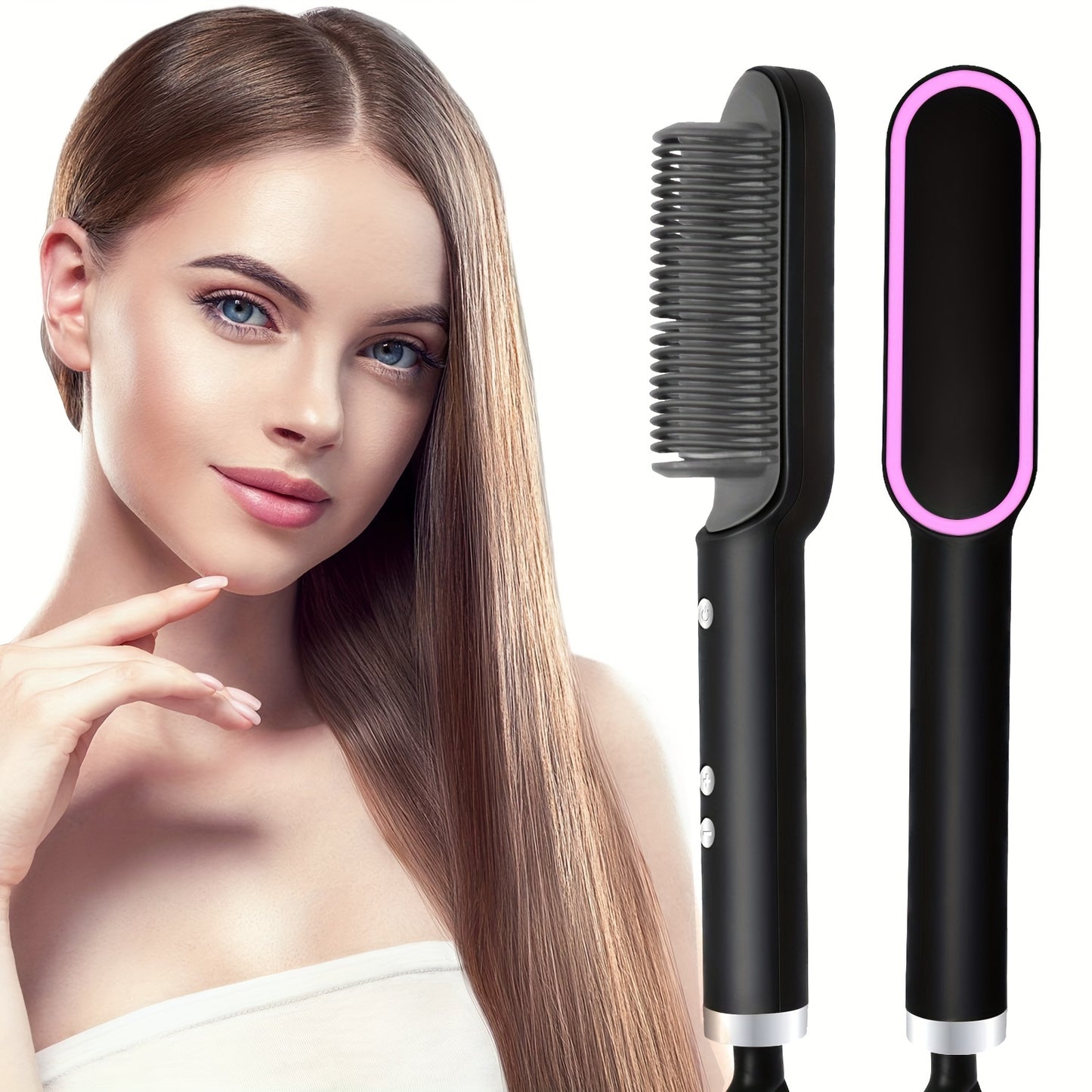 2-In-1 Electric Hair Straightener Brush Hot Comb Adjustment Heat Styling Curler Anti-Scald Comb, 2-In-1 Styling Tool for Long-Lasting Curls and Straight Hair